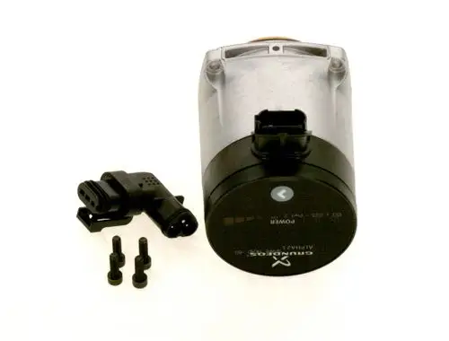 Bosch Pumpenmotor mit befestigtem Stecker und mehreren Schrauben, auf hellem Hintergrund. Der Motor hat eine runde Unterseite mit einer klaren Anzeige.